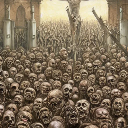 Prompt: a hyperrealistic painting of a large group of zombies watching the crucifixtion, by santiago caruso, highly detailed,