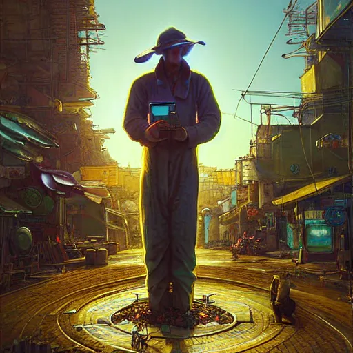 Image similar to A solarpunk very detailed farmer on the street of a very detailed solarpunk city art by Taras Shevchenko, neofuturistic highly detailed, digital art, smooth cyan gold light, sharp focus, Golden Ratio illustration, realistic concept art by Stephen Hickman and James Gurney and Hiromasa Ogura Ghost in the Shell