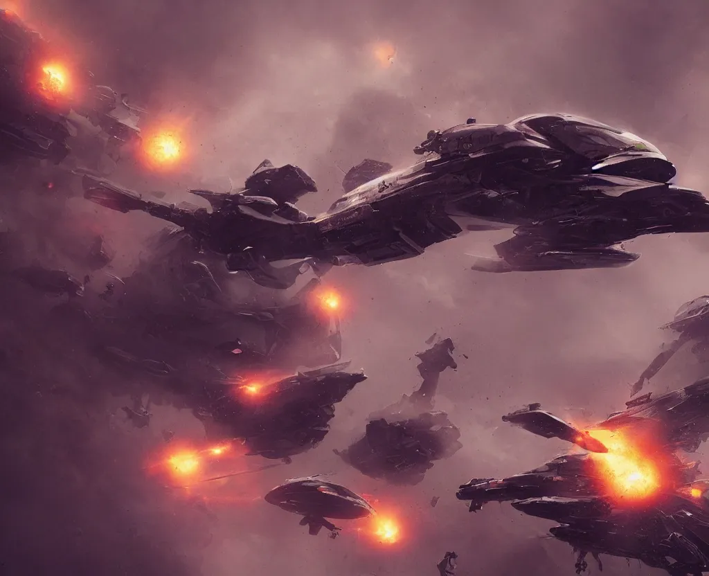 Image similar to sci - fi spaceship in combat, in planet atmosphere and dense fog, explosions, highly detailed, trending on artstation, denis villeneuve