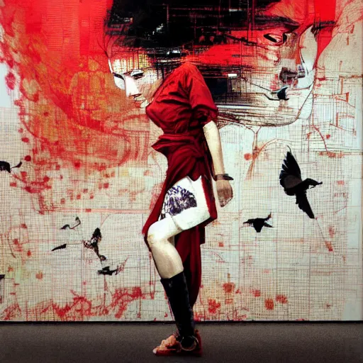 Image similar to a nostalgic latina in red monk habit is being rasterized into pixels, she is surrounded by digital birds, the background is an infinite virtual world, oil on canvas by yoji shinkawa, esao andrews, dave mckean and stina persson