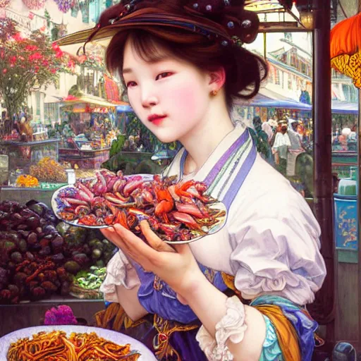 Image similar to a masterpiece ultrarealistic ultradetailed portrait of beautiful love fishmonger girl on street market baroque renaissance. medium shot, intricate, elegant, by stanley artgerm lau, wlop, alphonse mucha, rossdraws, andrei riabovitchev, yoshitaka amano. flower background my james jeand and takashi murakami.