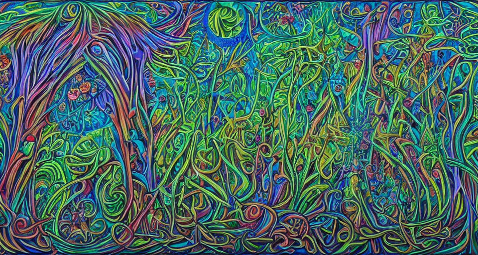 Image similar to Enchanted and magic forest, by Alex Grey ,