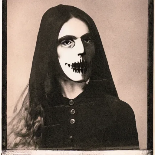 Image similar to a photo of young woman with horse face, gothic style, skulls are lying underneath