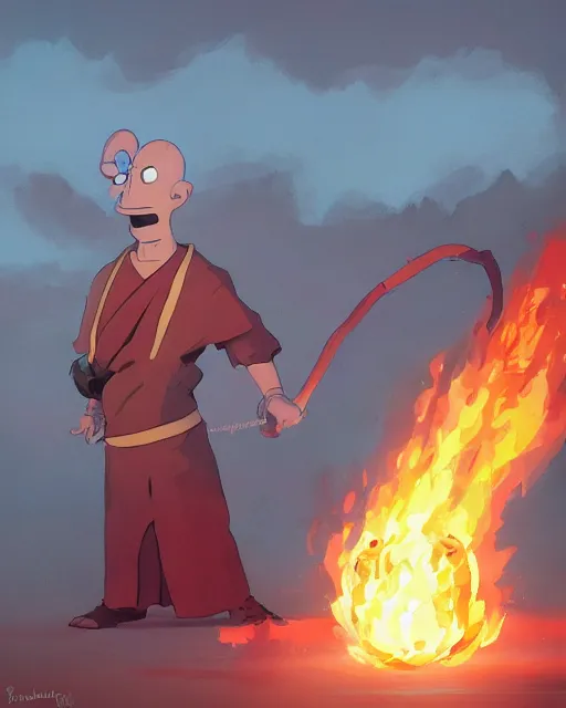 Image similar to squidward wearing fire nation clothing and practicing firebending outside at susnset, greg rutkowski