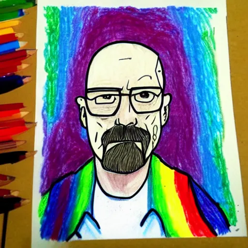Prompt: rainbow kids drawing of a Walter white represented as a poney, trending on DeviantArt