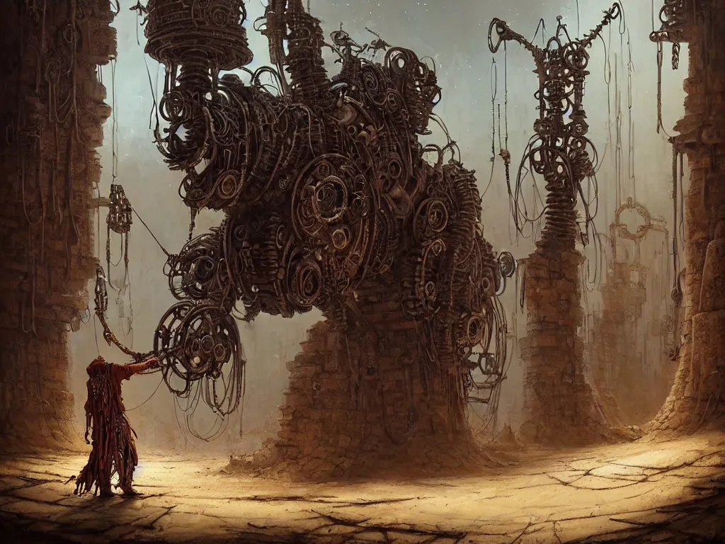 Prompt: A magical male-shaman in shamanistic robes performs a ritual to resurrect a mechanical horse inside a ancient steel ruins are covered with barchans of sand. Art by Finnian MacManus, Simon Stalenhag, Arthur Rackham. Masterpiece, fantasy art, cinematic, hyperdetailed, sigils, photorealistic, cyberpunk, postapocalyptic, steampunk, hyperrealism, octane render, 8k