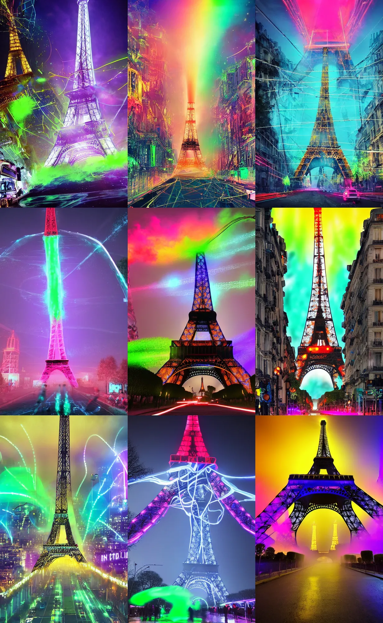 Prompt: giant dna chain attacks and destroys and blows up the eiffel tower in glowing colorful luminous slime, bright foggy streets with white neon signs, running elephants, futuristic, ultra - realistic, landscape, hight detailed, no blur, 8 k