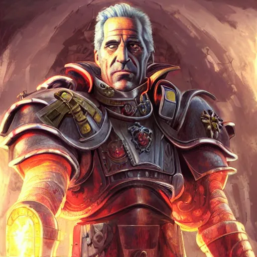 Image similar to Jeffrey Epstein as the emperor of humanity from warhammer 40k, detailed face made by stanly artgerm lau, wlop, rossdraws, james jean, andrei riabovitchev ,marc simonetti