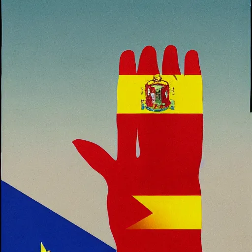 Prompt: a poster with a giant hand holding a spanish flag by jose malhoa, reddit, excessivism, american propaganda, soviet propaganda, poster art