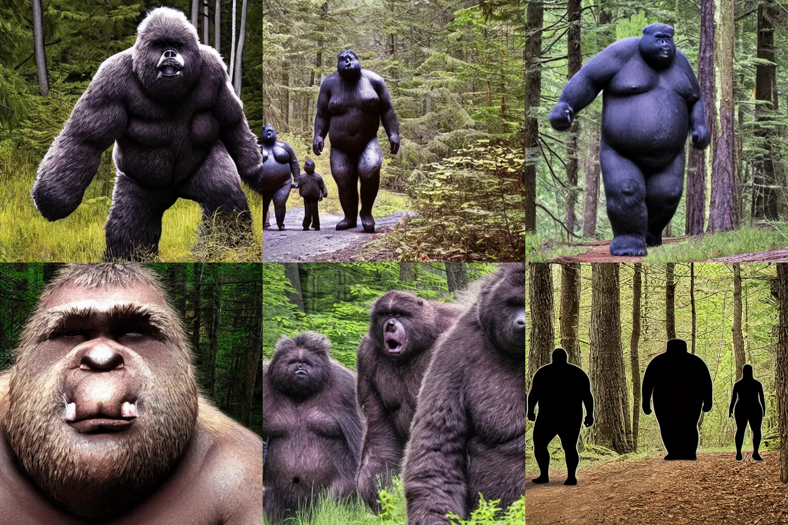Prompt: A Hiker encounters a family of giant obese Sasquatches while hiking in Ohio, photoreal, horror, atmospheric