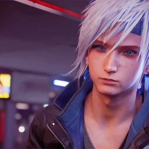 Image similar to an in-game screenshot of blonde hair blue eyed cute anime boy in Cyberpunk 2077