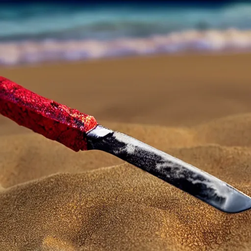 Image similar to a closeup photorealistic photograph of a red knife on the beach halfway covered with sand, fantastic four theme. bright scene. fine detail. this 4 k hd image is trending on artstation, featured on behance, well - rendered, extra crisp, features intricate detail, epic composition and the style of unreal engine.