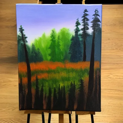 Image similar to a forest landscape with a blender default cube in the middle of the painting in the style of bob ross