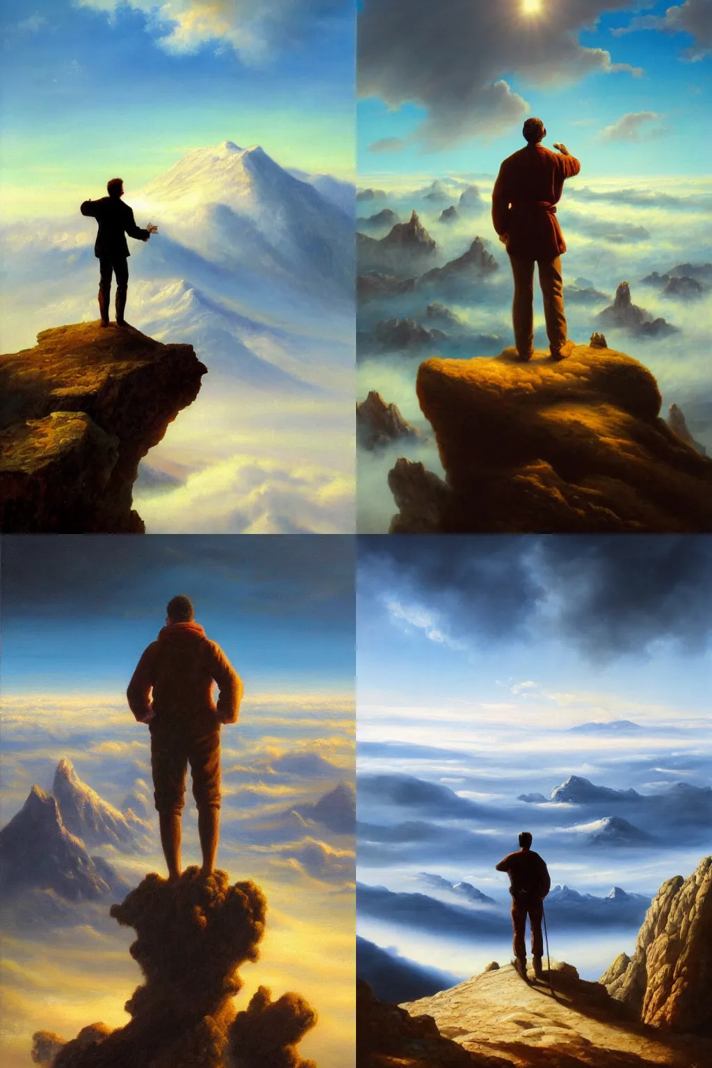 Prompt: stunning oil painting of a man standing on top of a mountain far above the clouds, looking into the horizon, highly detailed, 4k, high quality, masterpiece