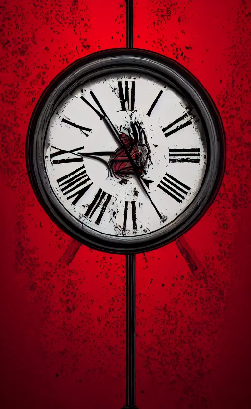 Image similar to a melting Roman numeral clock, behind a red and black gradient background, dynamic lighting, photorealistic fantasy concept art, trending on art station, stunning visuals, cinematic, creative, ultra detailed