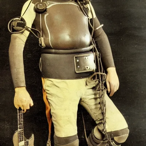 Prompt: photo of a diver wearing an old diving suit holding an electric guitar. detailed. colorized