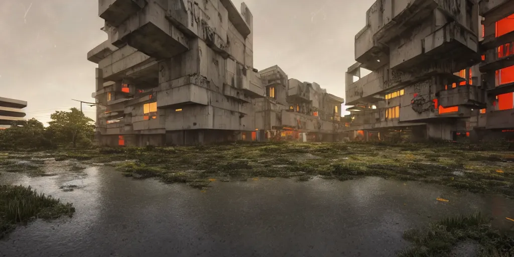 Image similar to brutalist yellow and black concrete cyberpunk with red and orange glow, architecture by Le Corbusier, abandoned red buildings, empty streetscapes, surrounded by lush green vegetation, ground-level view, puddles of water, stunning volumetric lighting, sunset, trending on Artstation, 8k, photorealistic, hyper detailed, unreal engine 5, cinematic, epic lighting, cryengine, octane render, dark, gloomy, foggy