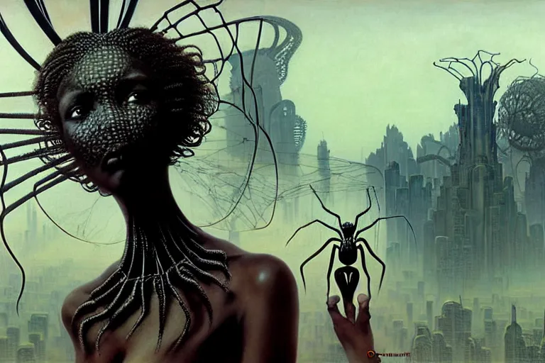 Image similar to realistic detailed photorealistic closeup portrait movie shot of a beautiful black woman riding a giant spider, dystopian city landscape background by denis villeneuve, amano, yves tanguy, alphonse mucha, ernst haeckel, jean delville, david lynch, edward robert hughes, roger dean, cyber necklace, rich moody colours, cyber patterns, wide angle