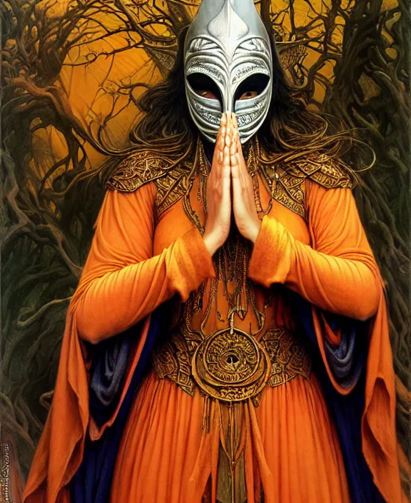 Prompt: soaring woman wearing a huge mask with long blades behind her. dressed in a long robe with wide sleeves and making anjali mudra gesture. fullbody highly detailed portrait, blurred background, concept art, masterpiece, fantasy art, hyperdetailed, hyperrealism, art by hildebrandt, donato giancola, larry elmore, arthur rackham