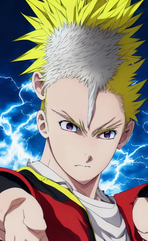 Image similar to Anime key visual of a young boy with spikey yellow hair and lightning powers, portrait, white background, Illustrated by Kohei Horikoshi, high quality face, detailed eyes, big eyes, official media, 8k, anime, detailed, HD, trending on artstation, Illustrated by Makoto Raiku, cell shading, japanese animation, high quality illustration