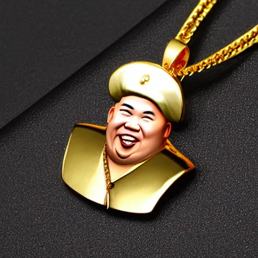 Image similar to gold bling necklace pendant shaped like kim jong un, rapper jewelry, 2 4 k diamonds
