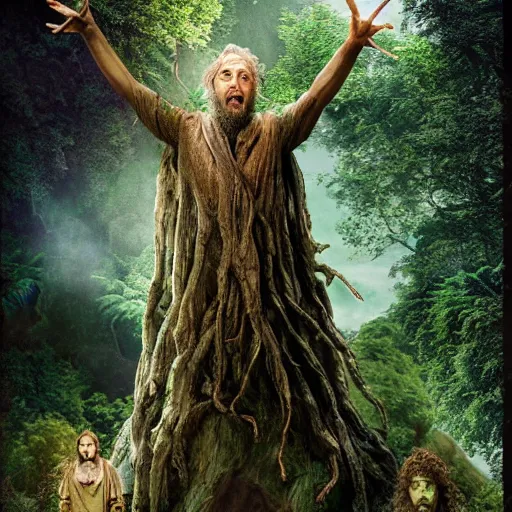 Image similar to matte painting of Treebeard holding Merry and Pippin form the Lord of the Rings