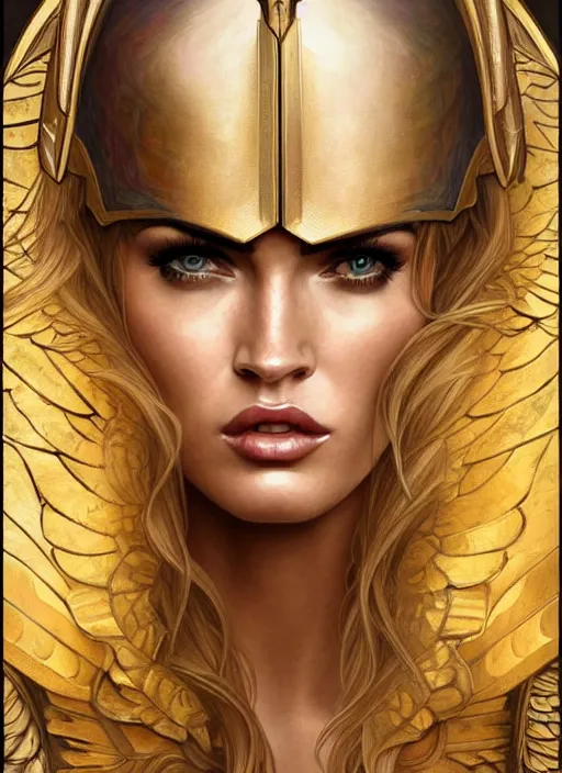 Image similar to portrait of megan fox as an armored angel, blonde hair, wings, bible, corona, gold, jewelry, intricate, headshot, highly detailed, digital painting, artstation, concept art, sharp focus, cinematic lighting, illustration, art by artgerm and greg rutkowski, alphonse mucha, cgsociety