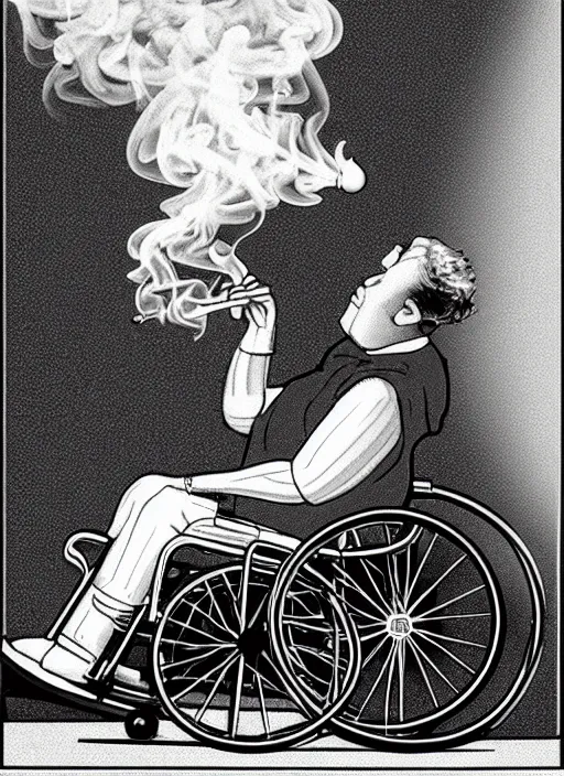 Prompt: timothy chamelet smoking a joint sitting in a wheel chair, photo, realistic