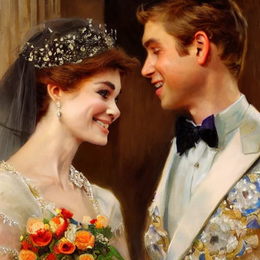 Prompt: detailed painting of attractive prince william marrying attractive audrey hepburn, highly detailed painting by gaston bussiere, craig mullins, j. c. leyendecker 8 k, smiling couple, royal painting, human face