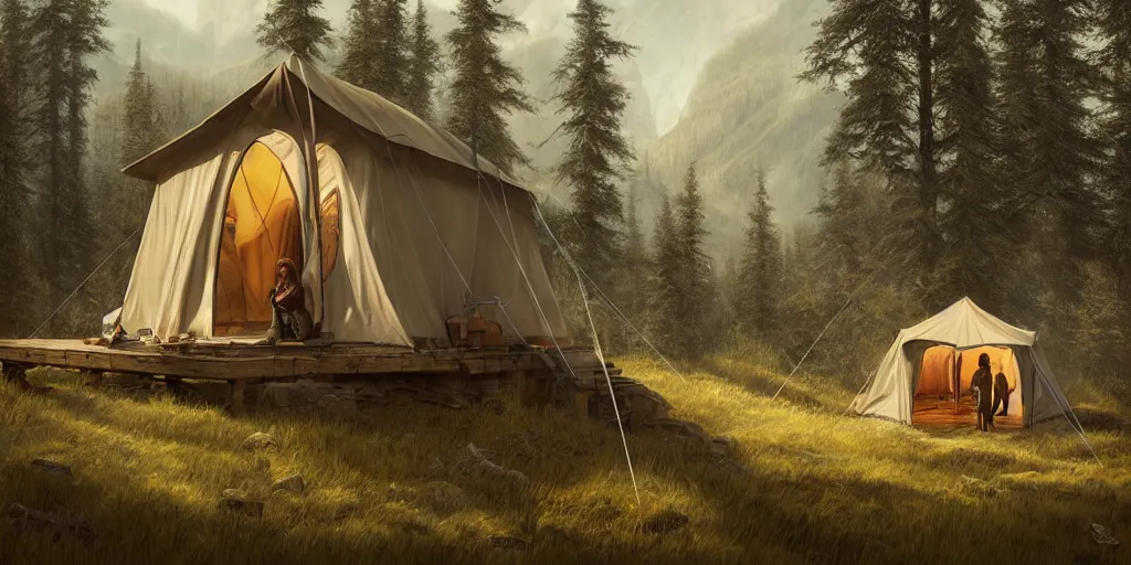 Image similar to cabela's tent fabric shelled pop up family dwelling unit, cabin, modular, person in foreground, mountainous forested wilderness open fields, beautiful views, painterly concept art, joanna gaines, environmental concept art, farmhouse, magnolia, concept art illustration by ross tran, james gurney, by craig mullins, by greg rutkowski