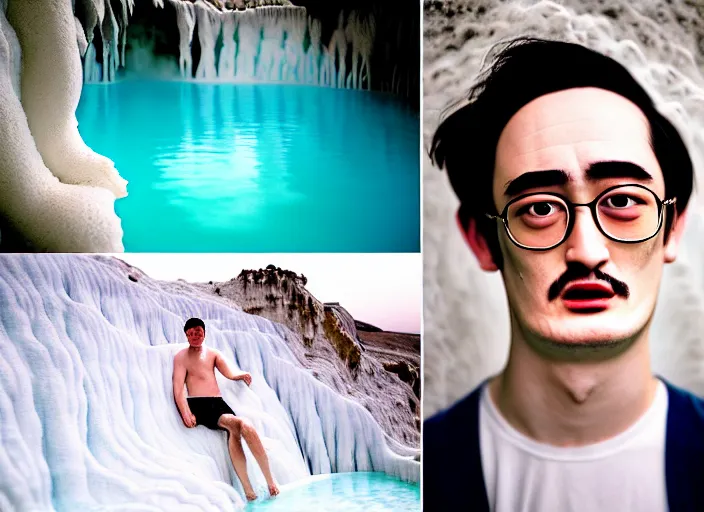 Image similar to Kodak Portra 400, 8K, soft light, volumetric lighting, highly detailed, portrait photo of a Filthy Frank by WLOP, the face emerges from a Pamukkale, thermal waters flowing down white travertine terraces with lotus flowers, inspired by Ophelia paint , blue shirt and hair are intricate with highly detailed realistic beautiful flowers , Realistic, Refined, Highly Detailed, ethereal lighting colors scheme, outdoor fine art photography, Hyper realistic, photo realistic, masterpiece