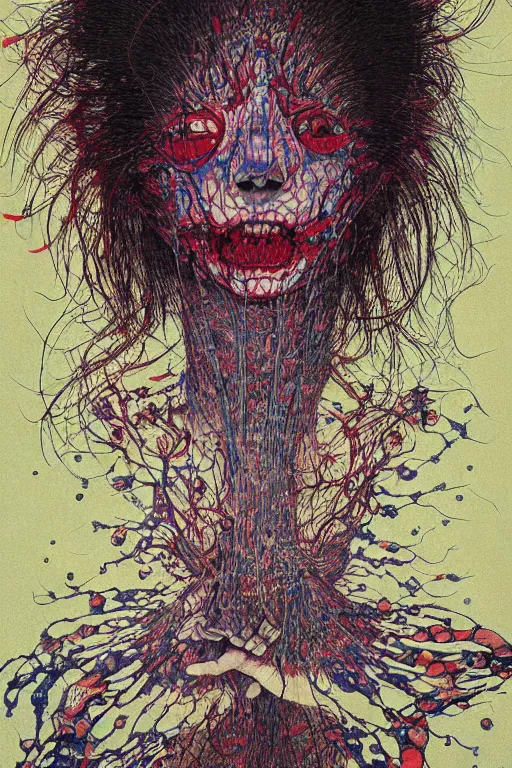 Image similar to realistic detailed image of a Japanese Girl Losing her Mind, Conjuring Psychedelic by Shintaro Kago, Neo-Gothic, gothic, rich deep colors. Beksinski painting, part by Adrian Ghenie and Gerhard Richter. art by Takato Yamamoto. masterpiece