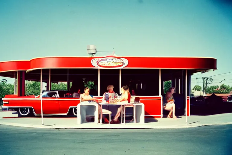 Prompt: 1 9 7 5 googie popsicle, people sitting at tables, googie architecture, two point perspective, americana, restaurant exterior photography, hd 4 k, taken by alex webb