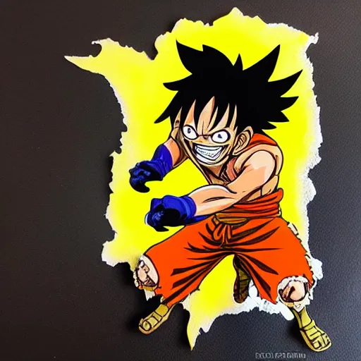 Image similar to die cut sticker, luffy gear 4, splatter paint on paper