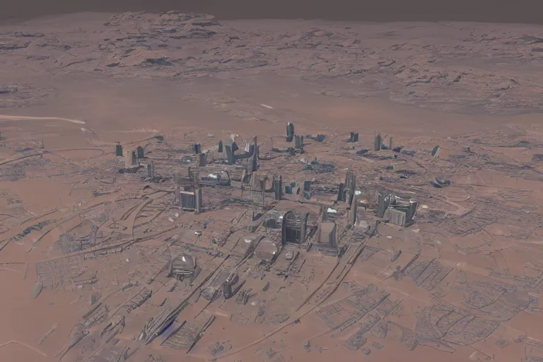Prompt: Futuristic utopian city on Mars from a distance, wide angle shot