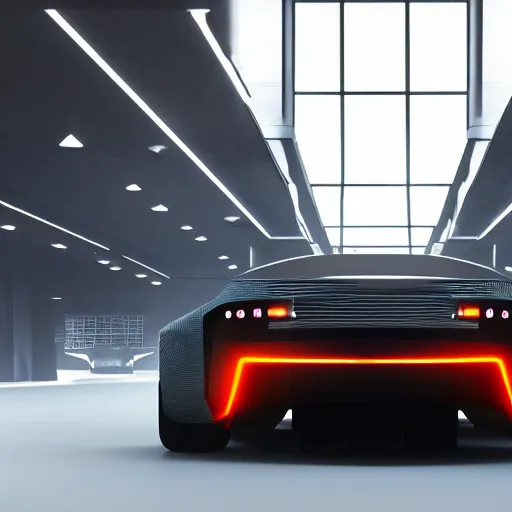 Image similar to a design of a futuristic DMC Delorian, designed by Polestar, blade runner background, back view, light copper car paint, black windows, sportscar, black show room, dramatic lighting, octane rendering, unreal engine rendering, hyper realistic render, depth of field, octane rendering