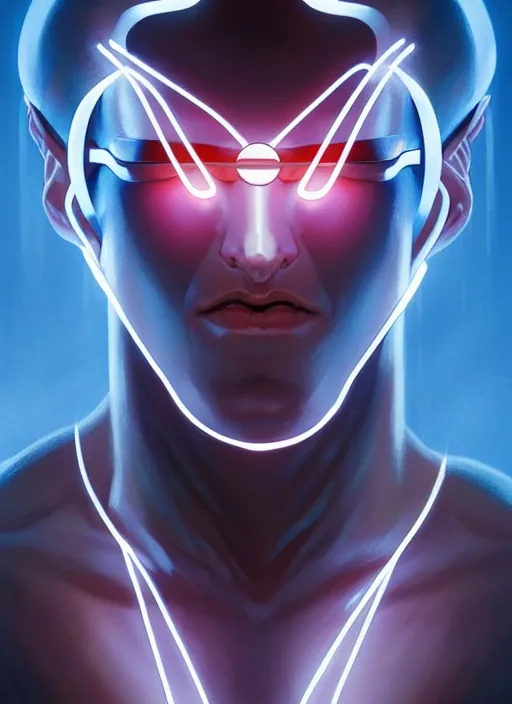 Image similar to symmetry portrait of cyclops from x - men : the animated series ( 1 9 9 2 ), glowing lights, intricate, elegant, highly detailed, digital painting, artstation, concept art, smooth, sharp focus, illustration, art by artgerm and greg rutkowski and alphonse mucha