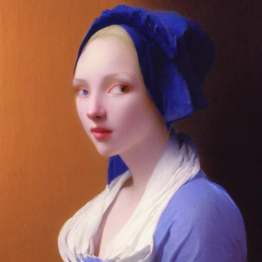 Image similar to a young woman's face, her hair is white and she wears a cobalt blue satin cloak, by ivan aivazovsky and syd mead and moebius and gaston bussiere and roger dean and pieter claesz and paul delaroche and alma tadema and aelbert cuyp and vermeer, hyperrealistic, volumetric light, octane render