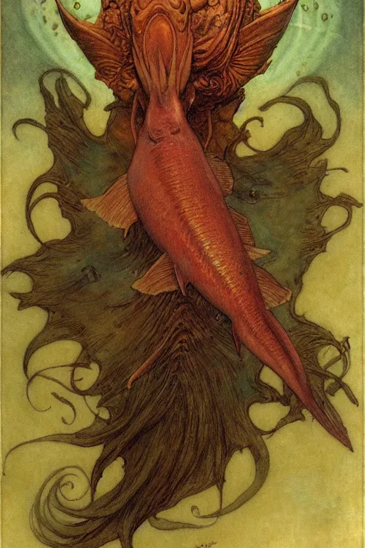 Prompt: a happy fish in the style of and by wayne barlowe, gustav moreau, goward,  Gaston Bussiere and roberto ferri, santiago caruso, and austin osman spare