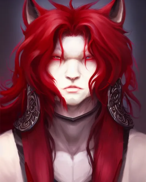 Image similar to character concept art of a black anthropomorphic male wolf long red hair | | cute - fine - face, pretty face, key visual, realistic shaded perfect face, fine details by stanley artgerm lau, wlop, rossdraws, james jean, andrei riabovitchev, marc simonetti, and sakimichan, trending on artstation