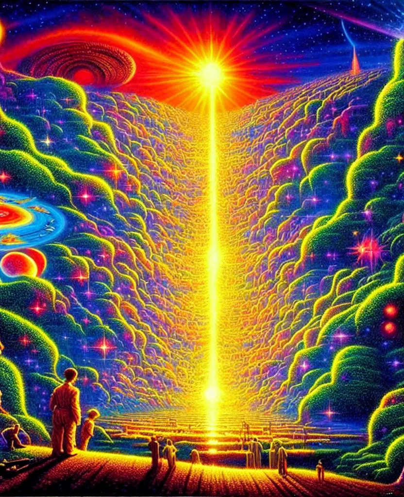 Prompt: a beautiful colorful future for humanity, spiritual science, divinity, utopian, heaven on earth, man evolving into paradise, by david a. hardy, kinkade, oleg korolev, wpa, public works mural, socialist