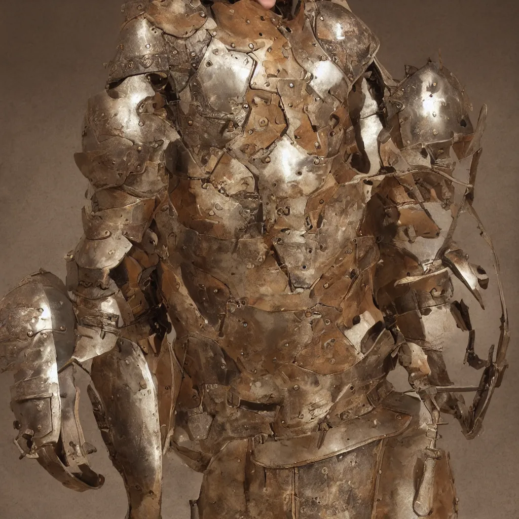 Prompt: archeological discovery of a suit of armor that has features similar to an anthro fox