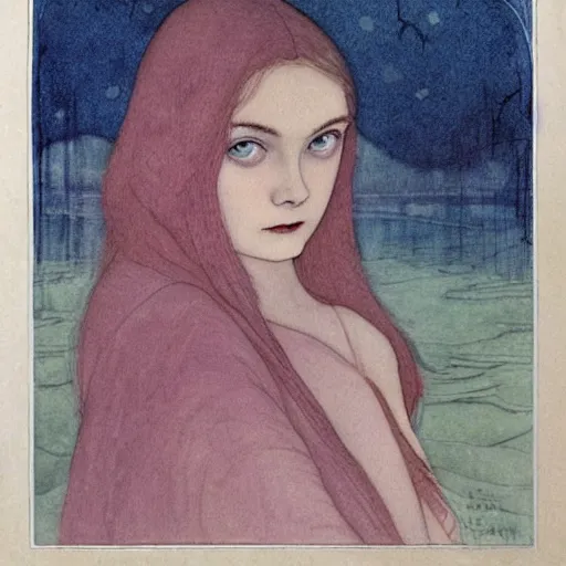 Image similar to professional painting of Elle Fanning in the style of Edmund Dulac, head and shoulders portrait, symmetrical facial features, smooth, sharp focus, illustration, intricate, stormy weather, extremely detailed masterpiece,