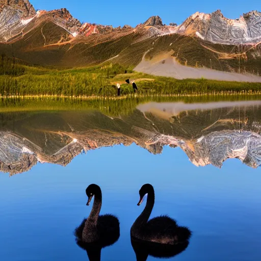 Image similar to photo of two black swans touching heads in a beautiful reflective mountain lake, a colorful hot air balloon is flying above the swans, hot air balloon, intricate, 8k highly professionally detailed, HDR, CGsociety