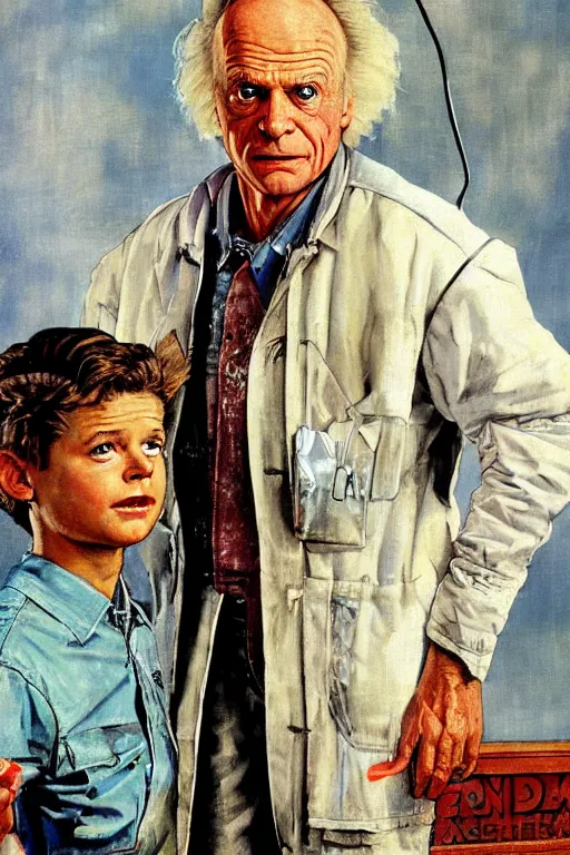 Image similar to dr emmet brown from back to the future painted by norman rockwell