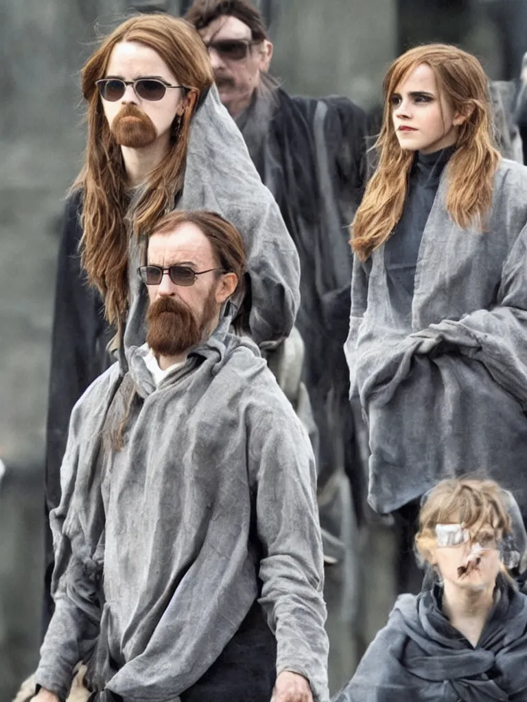 Prompt: emma watson with saruman's beard wearing walter white's glasses, brutal