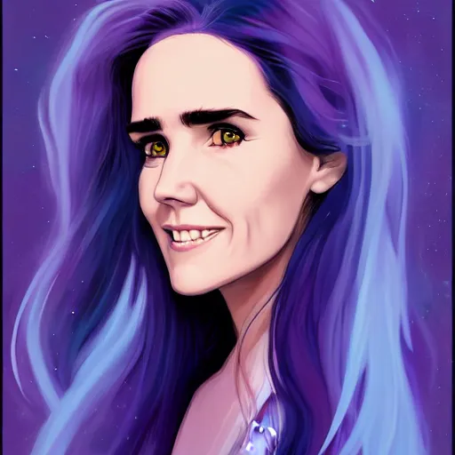 Prompt: I'm the style of Phil Noto, beautiful witch female, Jennifer Connelly, blue and purple glowing hair, smiling, clear clean face, two perfect eyes, perfect eyes perfect symmetrical eyes, symmetrical face, blurry background, pose, painterly style, high contrast