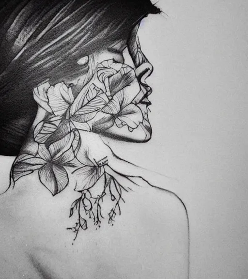 Image similar to tattoo design sketch of the most beautiful woman portrait faded to a background of beautiful mountains on her side, hyper - realistic, double exposure effect, in the style of den yakovlev, amazing detail, black and white, faded