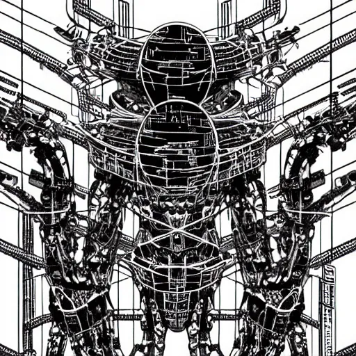 Prompt: sad biological androids with tentacles, through a huge cybernetic megastructure multi - level metropolis in space, black and white, by nihei tsutomu