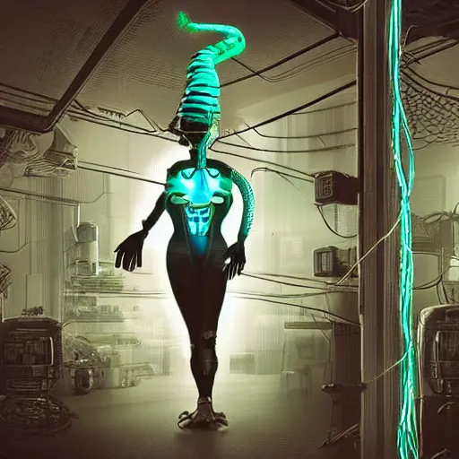 Prompt: the upper torso of a terminator cyborg lady with borg implants, human face and robotic snakes coming out of her head is hanging from cables and wires off the ceiling of a lab. Her bottom half is missing with cables hanging out. She is taking a sip from a cup of coffee. Tiny green led lights in her cybernetics. very detailed 8k. Horror cyberpunk style. Unreal engine 5 render with nanite, path tracing and cinematic post processing. Sharp.